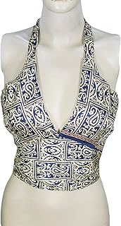 Mogul Interior Women Sexy Crop Top Printed Upcycled Silk Tie Back Halter Blouse Tops One Size Blue, Beige