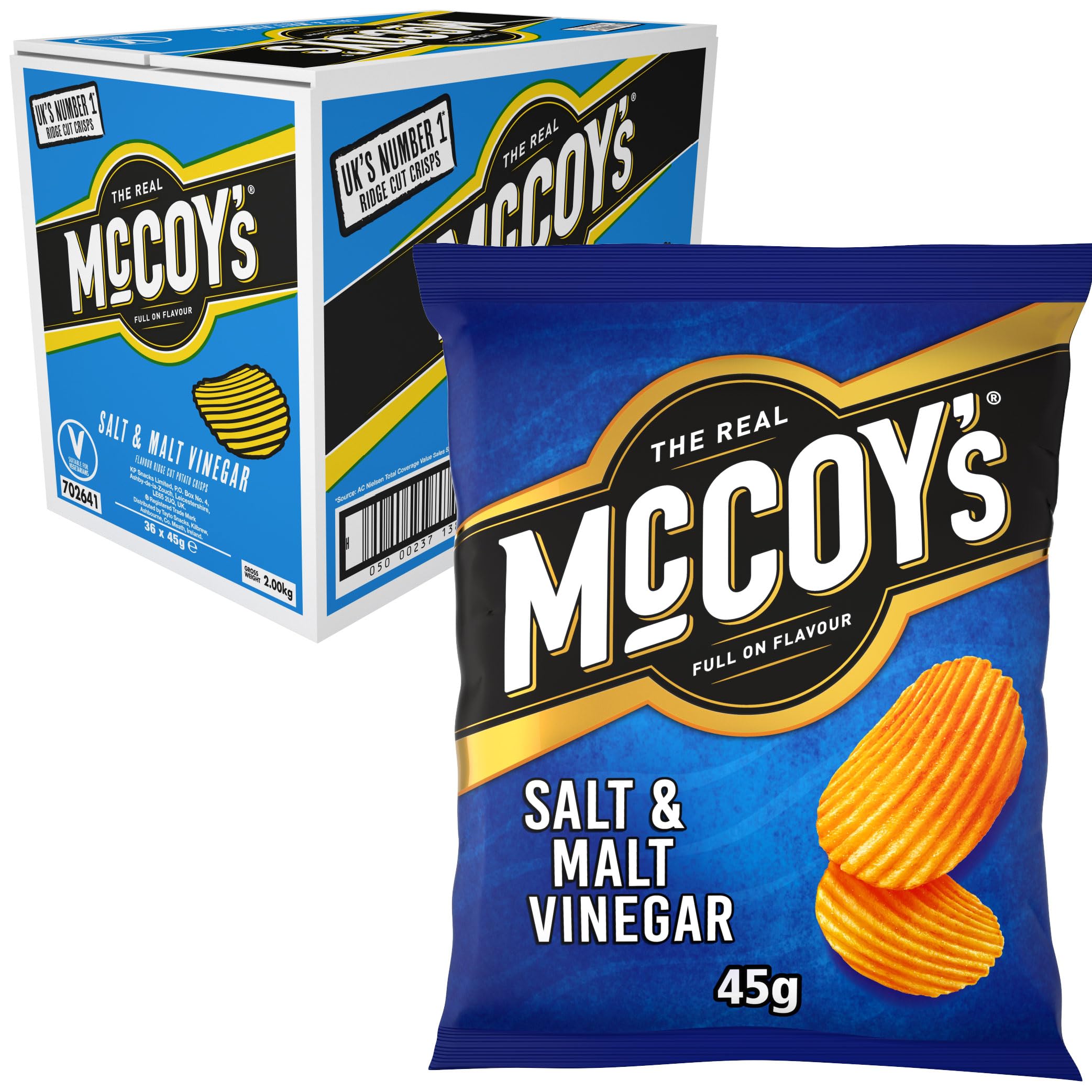 McCoys SALT & MALT VINEGAR Grab Bag Crisps 45g (Multipack BOX of 36) - Fully loaded with flavour, iconic ridged crisp, unmistakable crunch