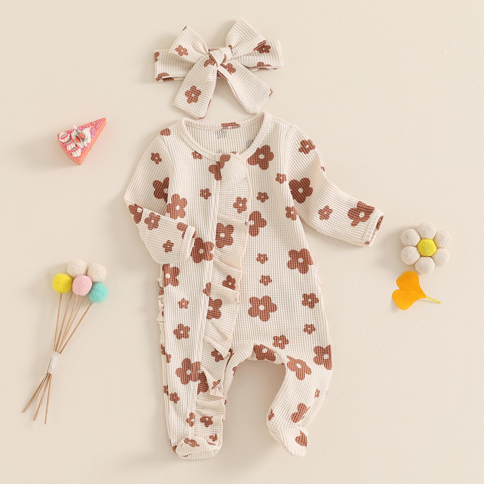 Adobabirl Newborn Coming Home Outfit Baby Boy Girl Ribbed Romper Zipper Footie Jumpsuit Warm Fall Winter Clothes With Hat (C-Floral Apricot, Newborn)