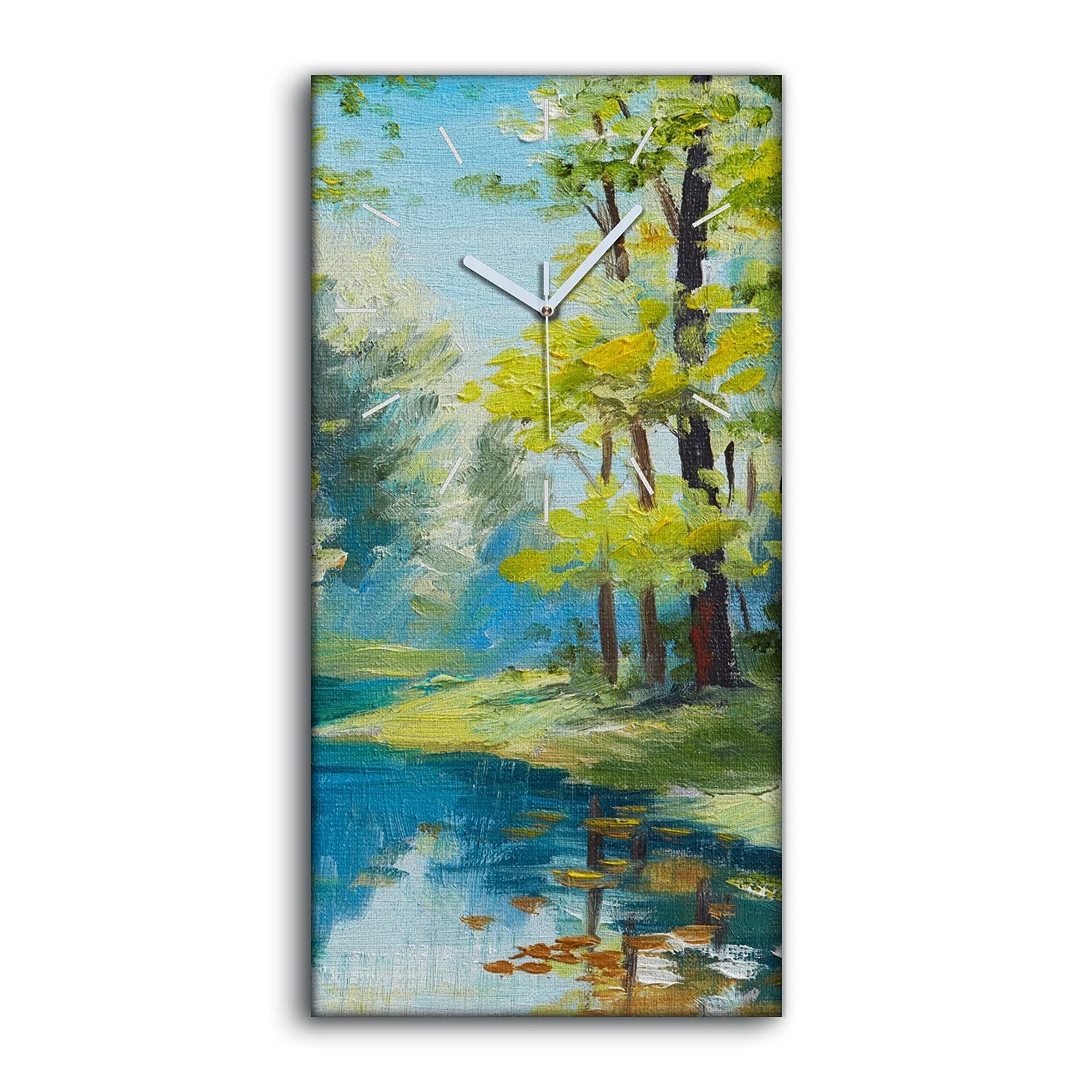 Horloge sur Toile Coloray 30x60cm Forêt et Rivière avec Mains Blanches