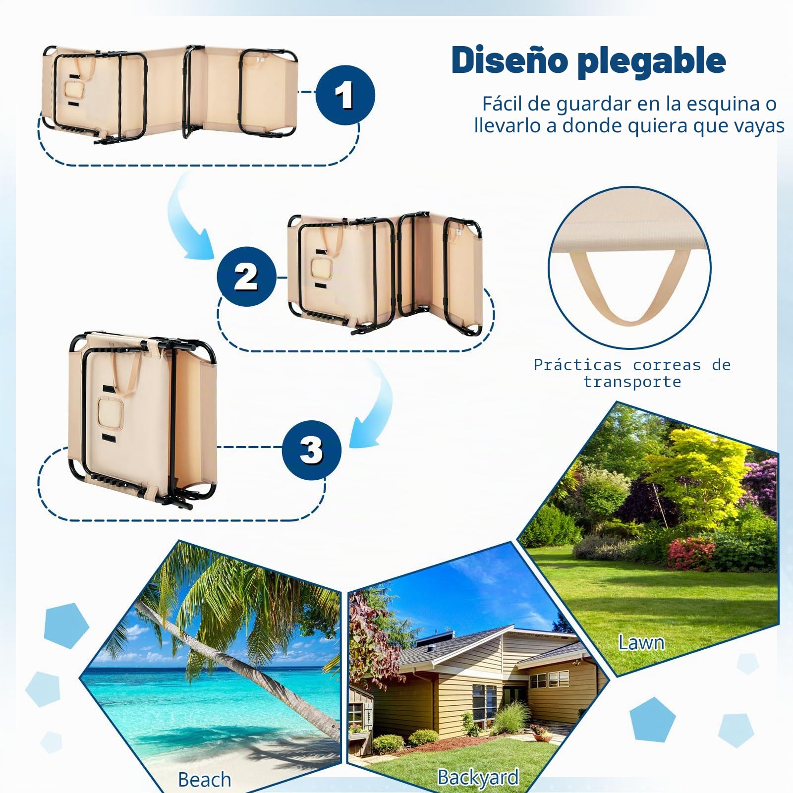 KOMFOTTEU Tumbona Plegable con 3 Reposacabezas Extraíbles (Beige)