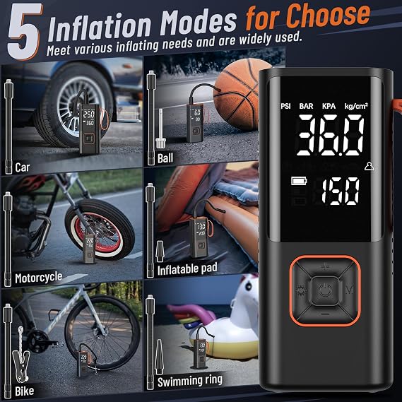 Tyre Inflator Portable Air Compressor, 150PSI Car Tyre Pump 7500mAh 5 Modes Auto Shut-Off Autopump w/ 5 Nozzles Flashlight Cordless Inflators Car Accessories for Car, Bike, Ball, Motorcycle