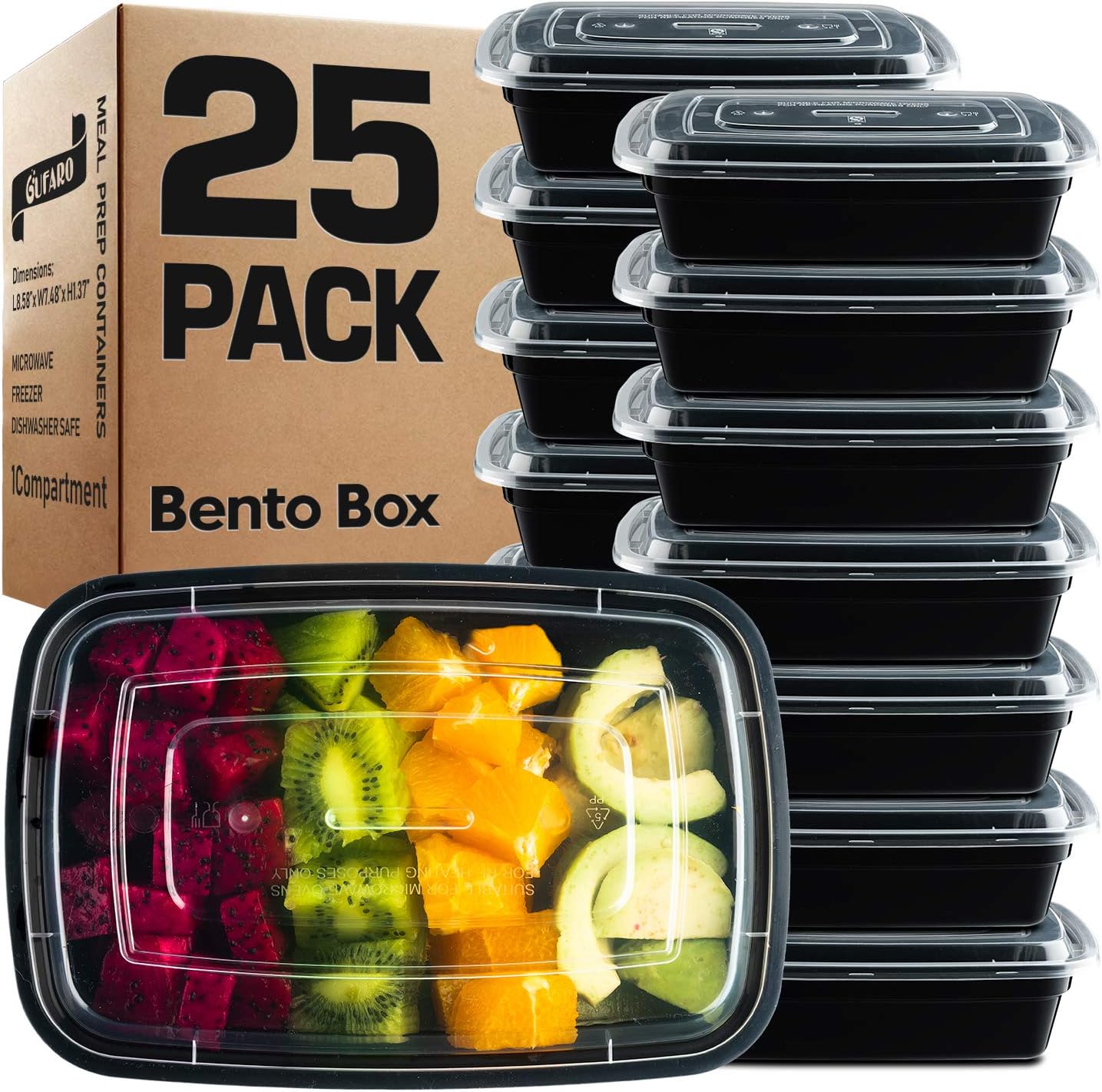 GUFARO Premium Meal Prep Containers Reusable 32oz - GIANT 25 Pack. Choose 1, 3, 4 Compartment with Matching Airtight Freshness Lids. BPA Free, Microwavable Bento Lunch Box (1 Compartment)