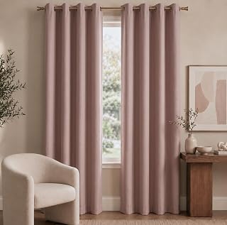 Linen Look 100% Blackout Bedroom Curtains, 63 Inch Long | Blush Pink thermally insulated 2-panel set for bedroom or living room; grommet tops, weighted hems, 50 in wide per panel.