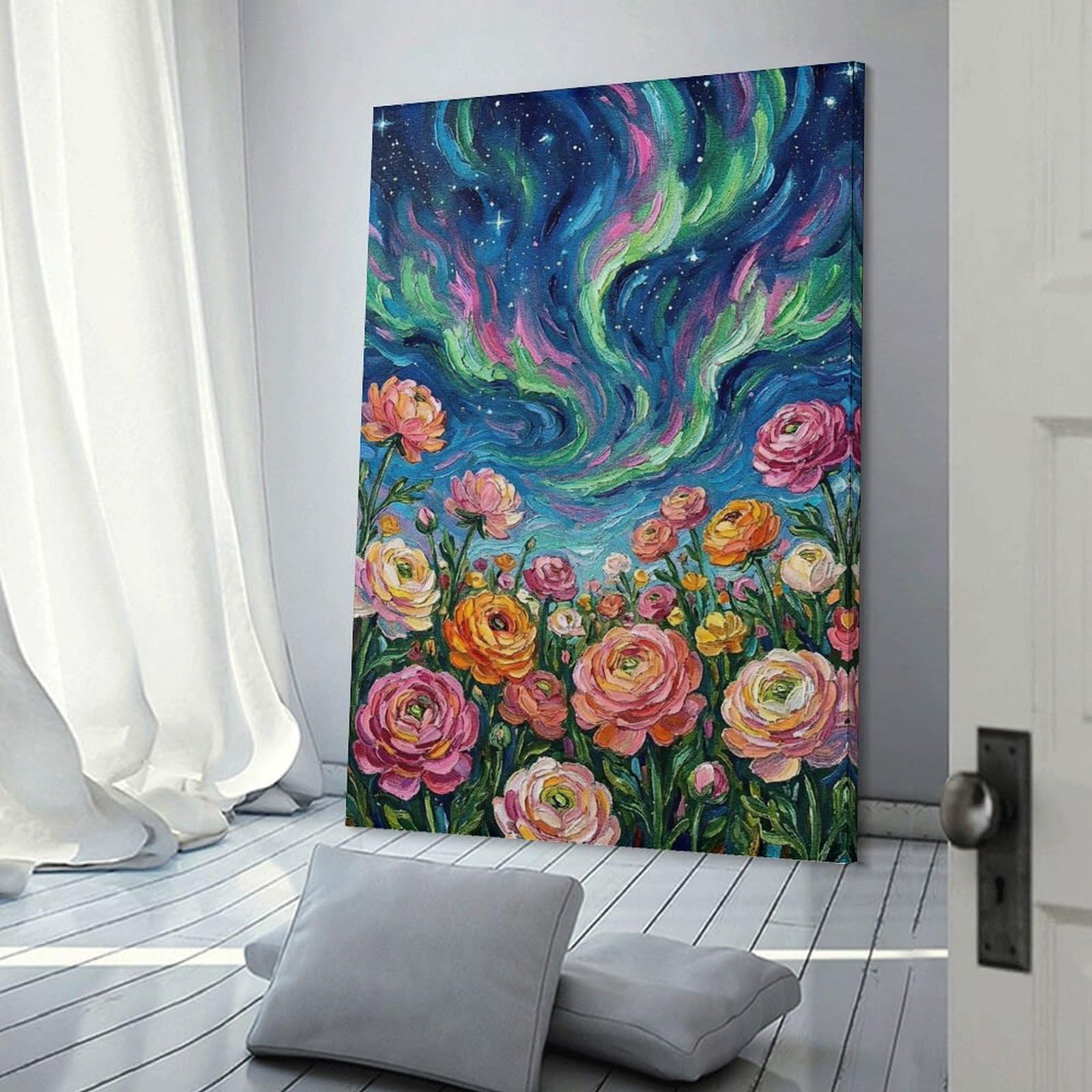 Junmoney Floral Aurora Painting Canvas Art Print, 24x36inch(60x90cm), for Bedroom, Lounge Or Dressing Area, Canvas Wall Decor for Personal Spaces