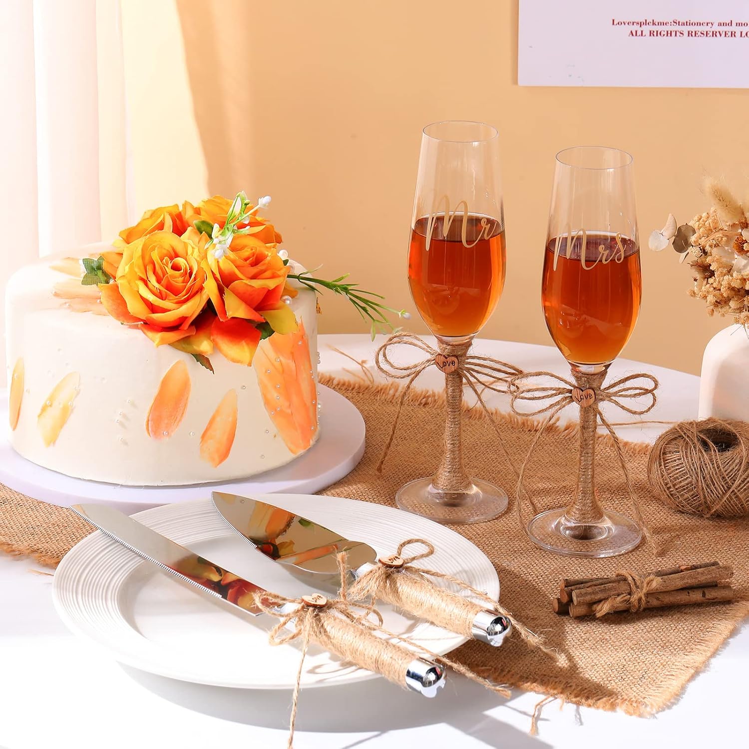 Boao 4 Piece Wedding Toasting Flutes and Cake Server Set Champagne Glasses and Cake Knife Server Set with Burlap Bow Mr and Mrs Flute Wedding Reception Supplies