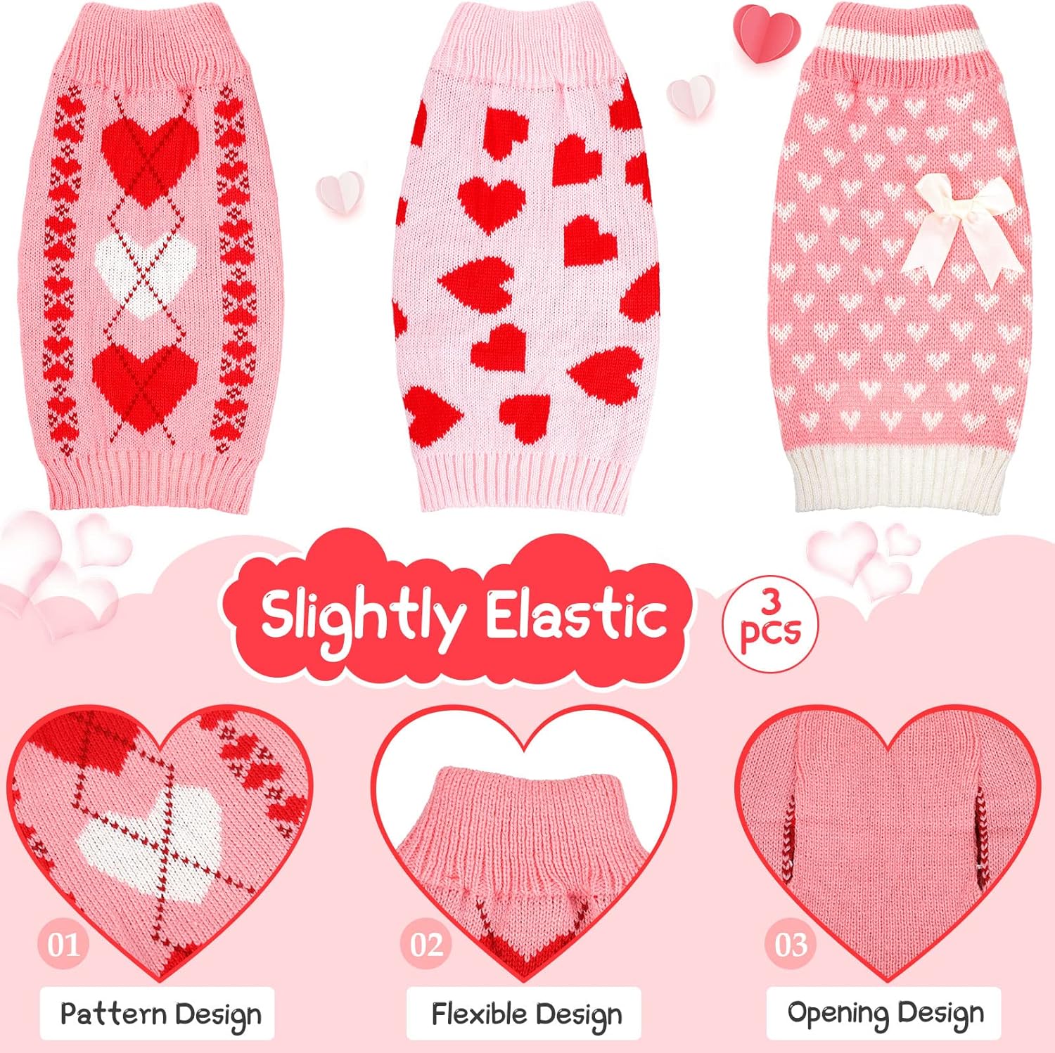Sanwuta 3 Pieces Valentine's Day Dog Sweaters Sets Red Pink Heart Puppy Dog Sweaters Clothes Pet Knitwear for Pets Cat Pet Saint Valentine's Day Party Costume(Large)