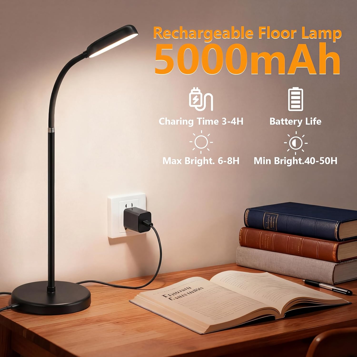 NBPLUS Cordless Portable Floor Lamp, White Touch- Standing Lamp with 3 Color Temperatures, Lightweight & Easy to Carry for Indoor Outdoor Camping Bedroom-Black