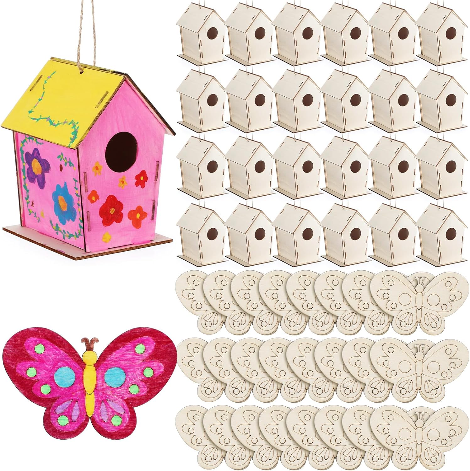DoubleFill 96 Pack Wooden Bird Houses Bulk, Butterfly Wood Chips for DIY Unfinished Hanging Birdhouse Kits, Wooden Craft Houses to Paint VBS Craft Family Crafts Party Favor
