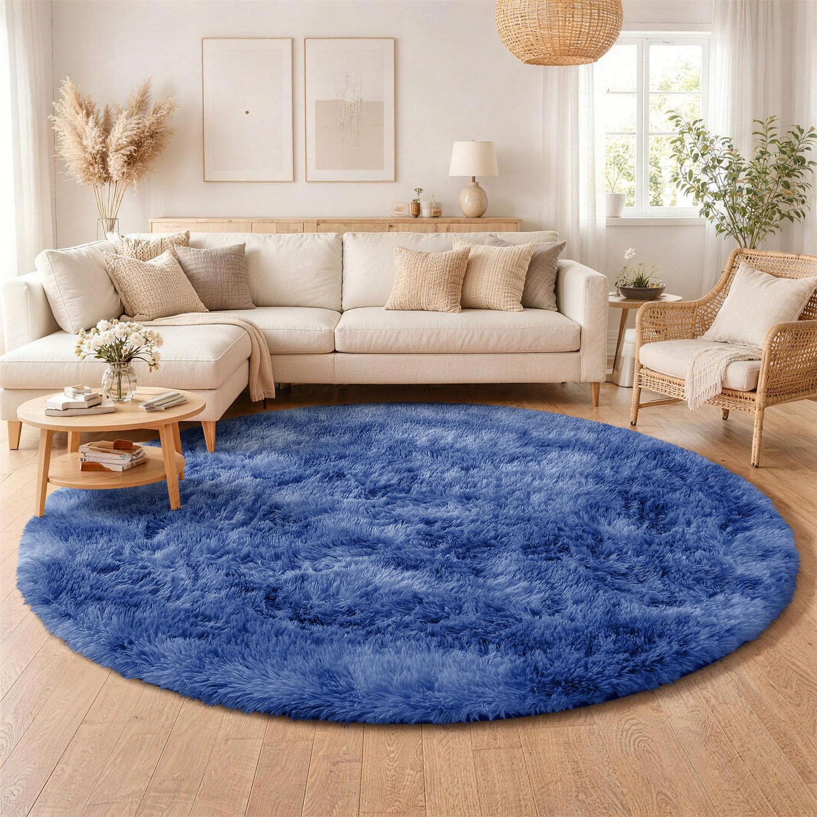 Homaxy Fluffy Large Rugs Living Room, Soft Shaggy Anti Slip Non Shedding Carpet, High Pile Modern Washable Area Rug for Nursery Bedroom, Easy Care Home Decor, Round 160 cm, Navy Blue