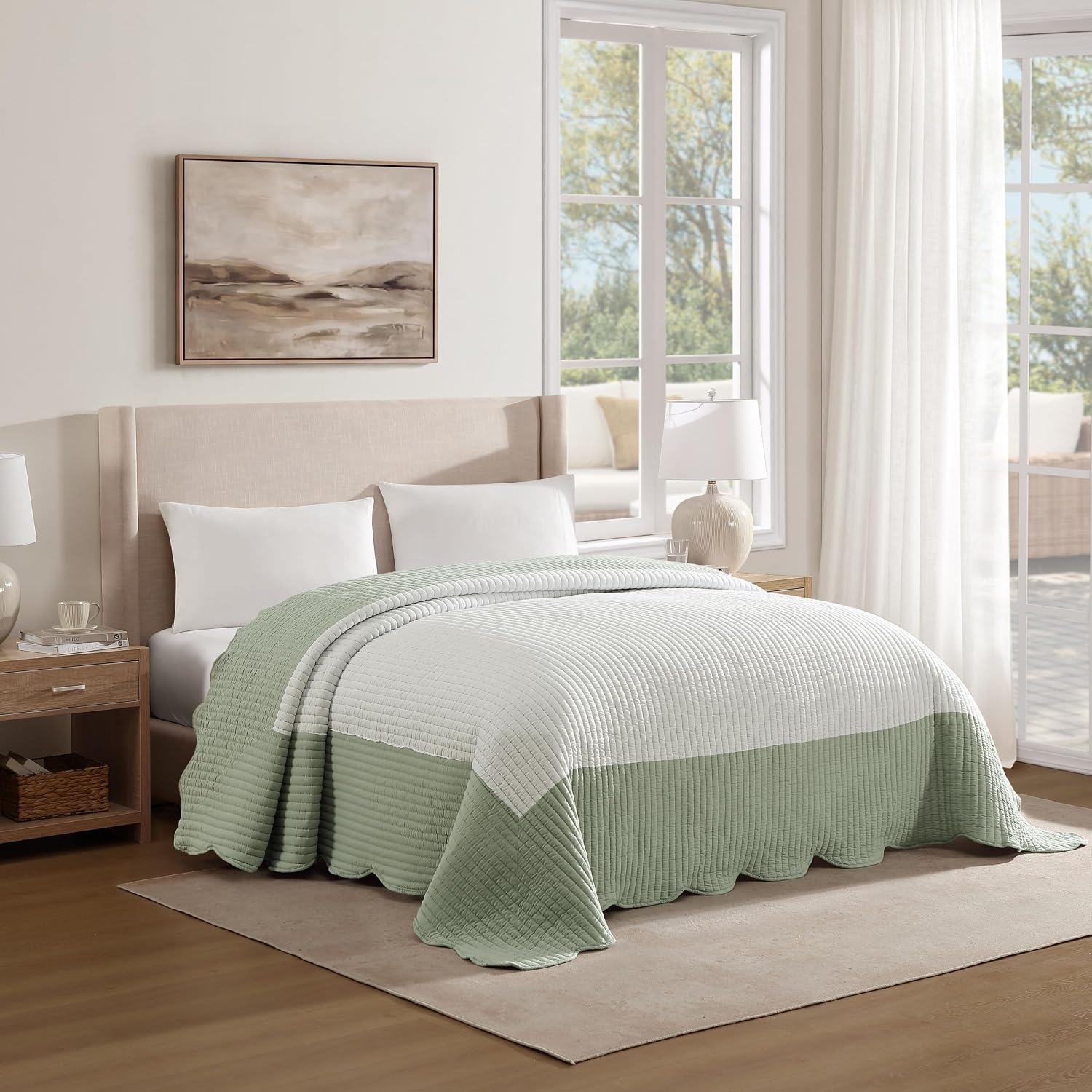 Clayton Queen Scalloped Edge Bedspread, Lightweight Quilted Coverlet, Blue