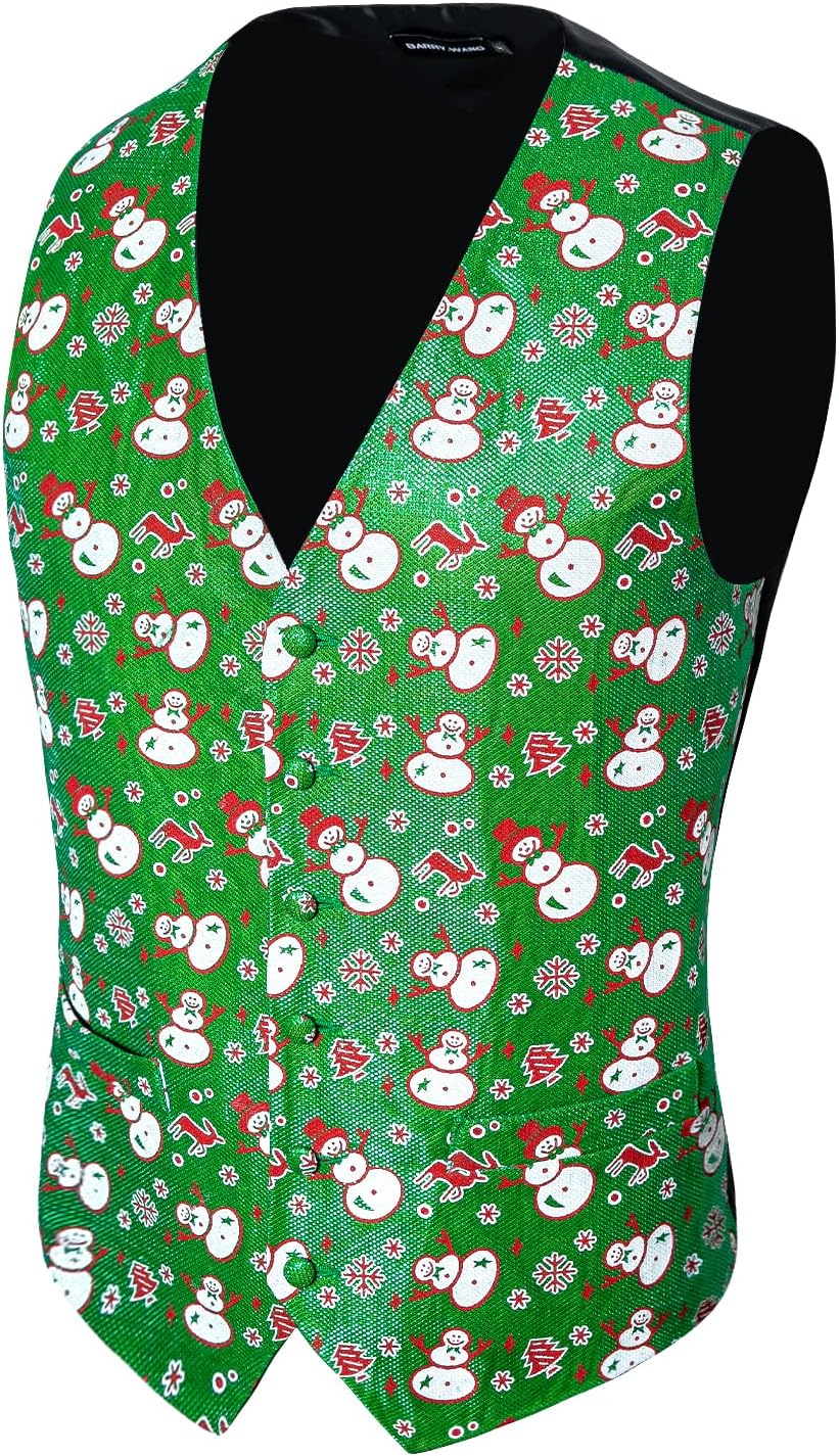 Barry. Wang Mens Christmas Vest with Snow/Snowman/Christmas Tree Red/Green Holiday Waistcoat Bowtie Set Party Halloween