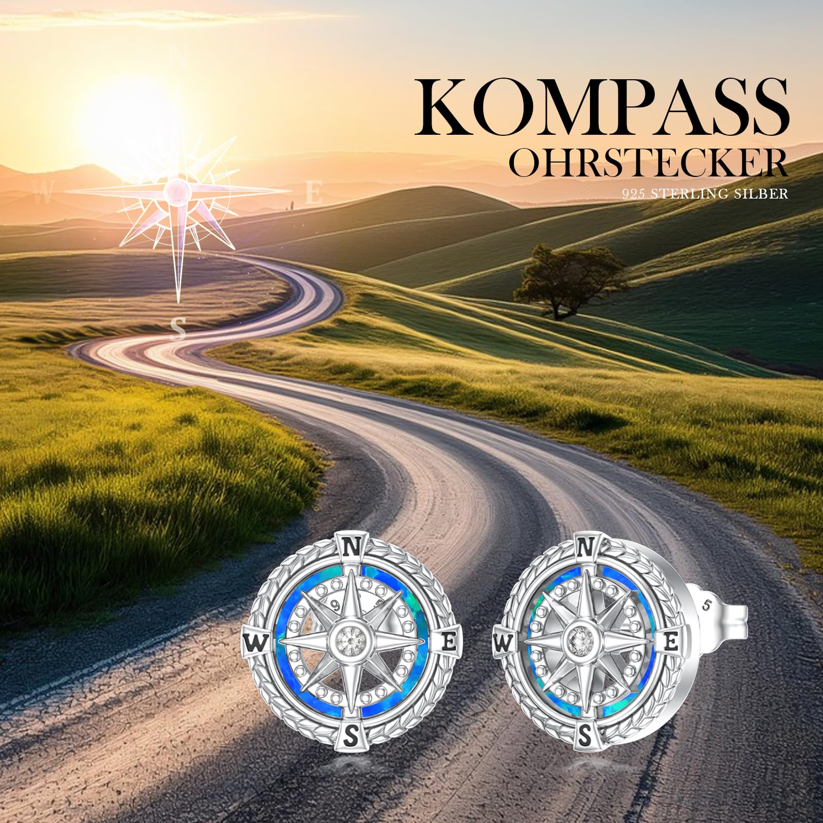 Kompass Ohrstecker 925 Sterling Silber Blauer Opal