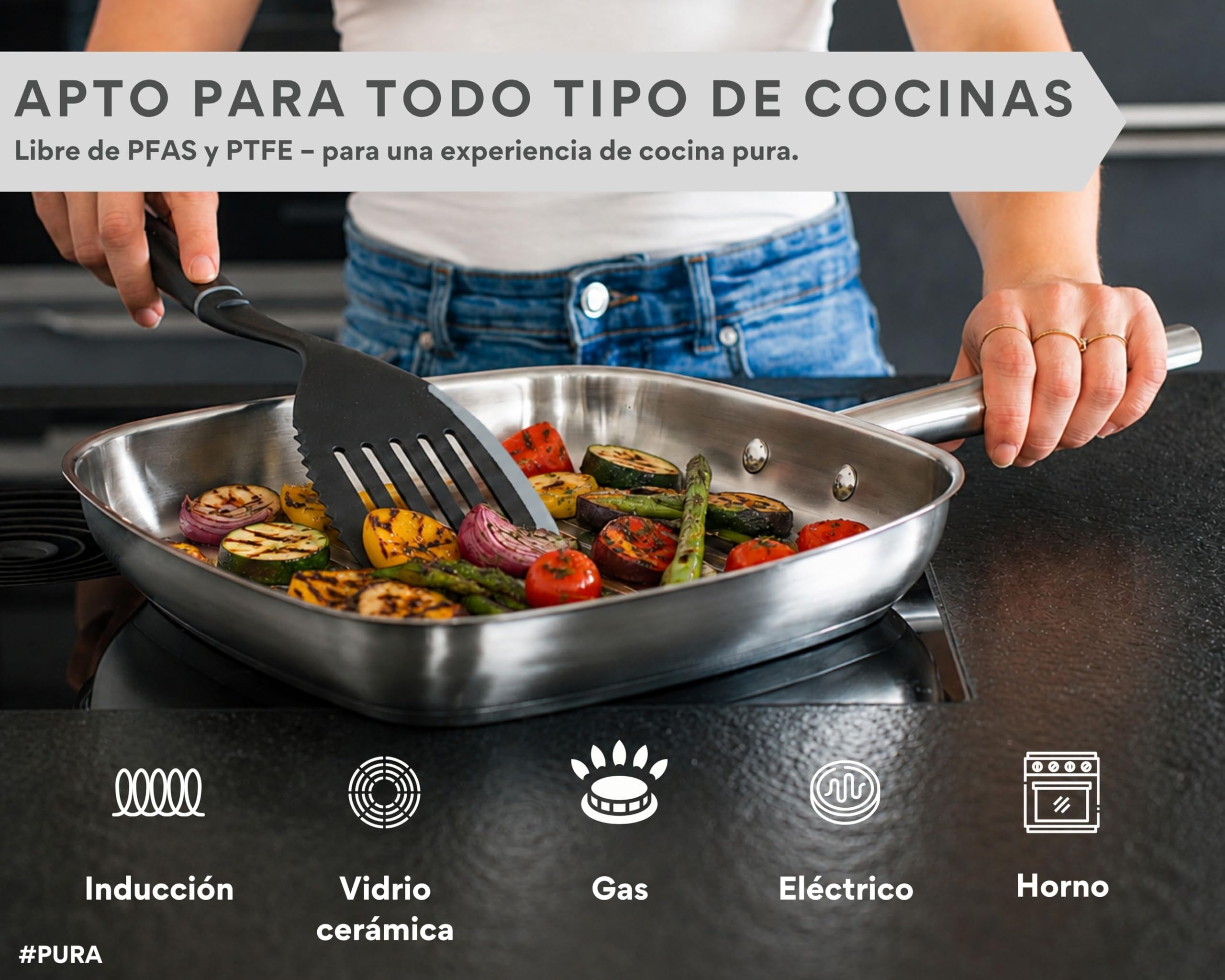 DIVORY Sartén Grill 28 x 28 cm, Sartén para Carne de Acero Inoxidable sin Revestimiento - Inducción, Apta para Horno y Todo Tipo de Cocinas, Sin PTFE ni PFOA (PURA, 28 cm)