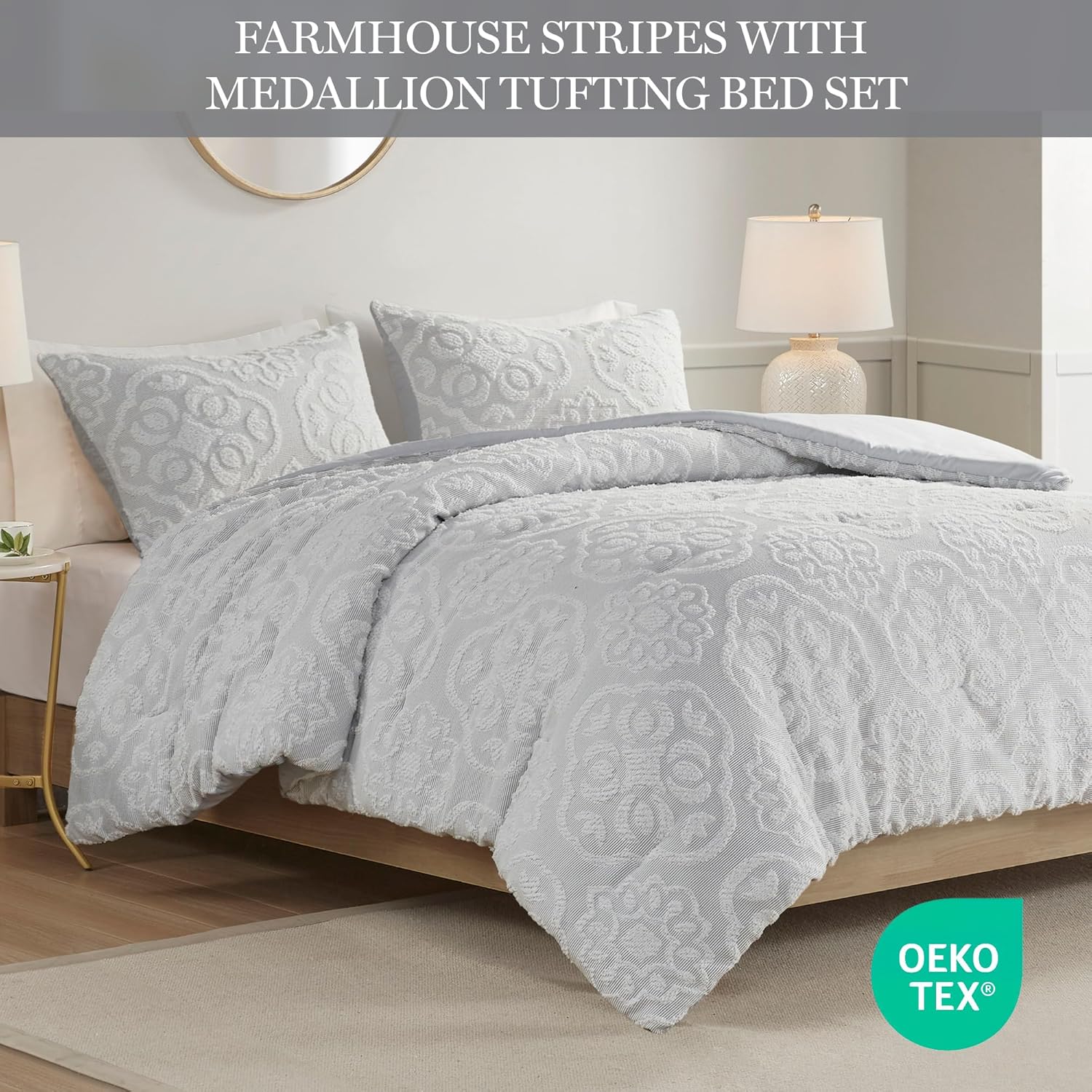 King White Microfiber Tufted Medallion Comforter Set
