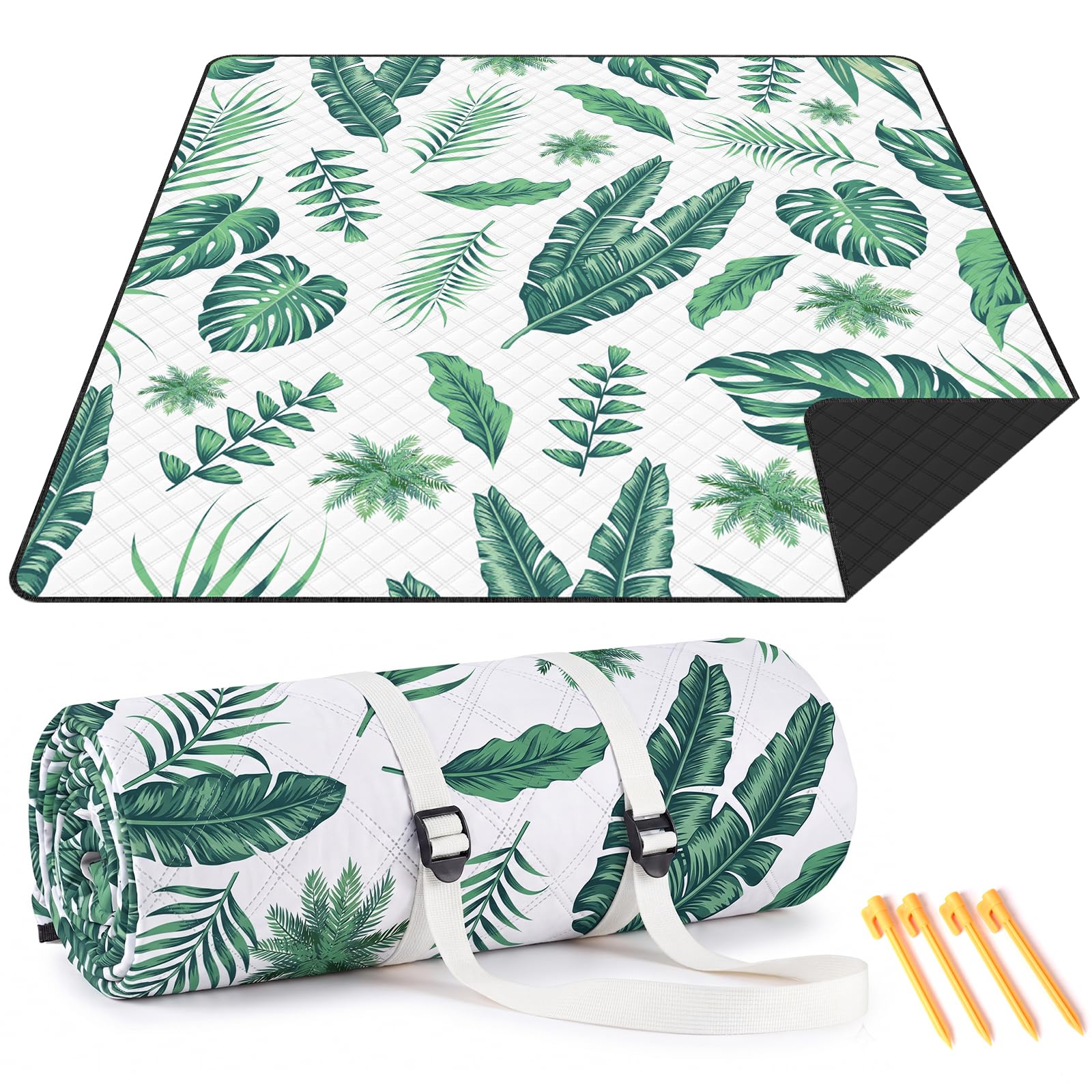 TXBOBECO Picnic Blanket Waterproof, 200 x 200 cm, Large Beach Blanket Picnic Mat with Carry Strap 4 Stakes, Foldable and Portable, For Camping, Beach, Outdoor,Garden,Family Picnic -LEAVES