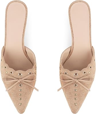 AOSPHIRAYLIAN Bow Mules for Women Heels Kitten Slingback Stiletto Heels Sandals Pointy Toe Slip On Backless Studded Dress Pumps