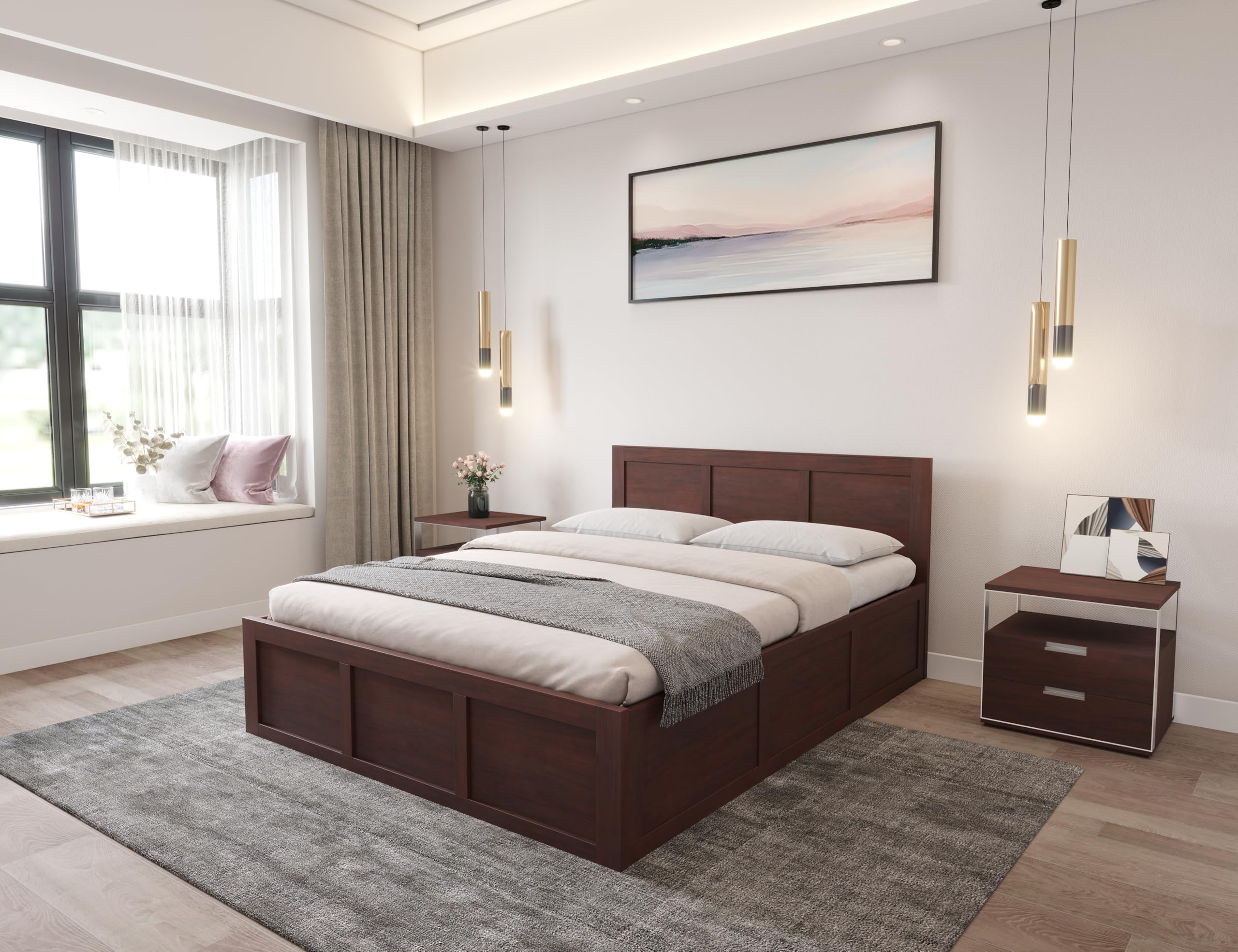 MAMTA DECORATION Sheesham Wood Queen Size Bed with Hydraulic Storage | Wooden Double Bed Cot Palang Furniture for Bedroom Living Room Home (Walnut Finish)-image-27