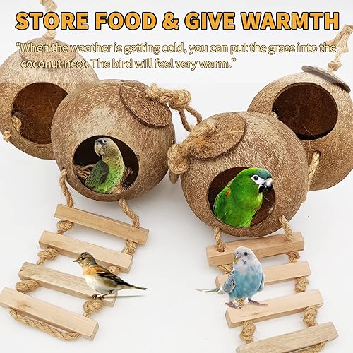 Vista 36 de Tfwadmx Casa colgante para pájaros con escalera, fibra de coco natural, nido de pájaros, conchas de coco, escondite, agapornís, columpio, juguetes