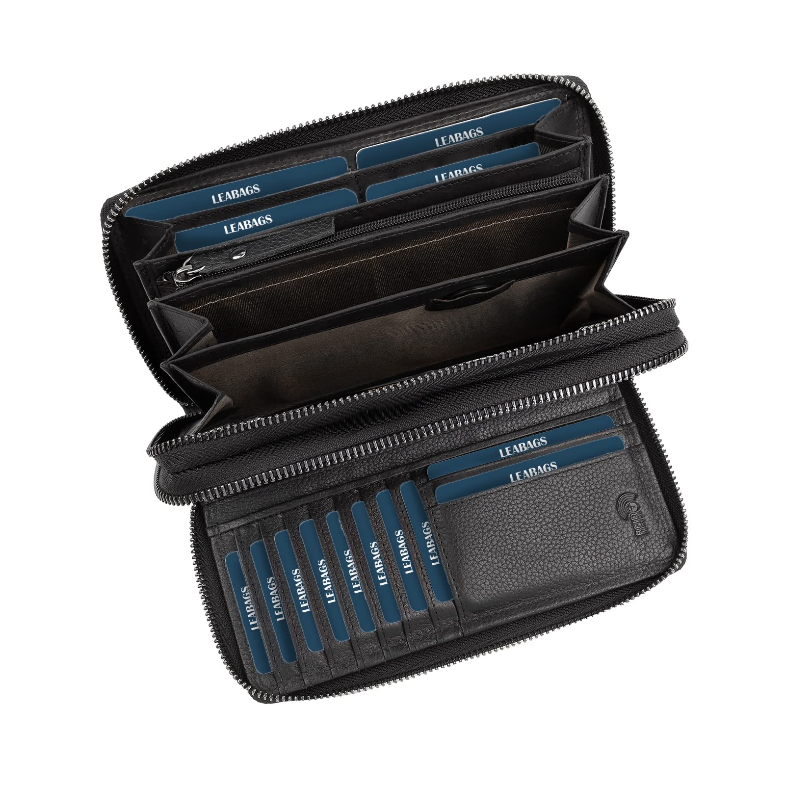 LEABAGS Leder Geldbörse Damen - Portemonnaie Gross mit RFID Schutz, Echtleder XXL Geldbeutel Damen Groß, 29 Kartenfächer Portmonee mit Münzfach, Doppelter Reißverschluss（Nappa Schwarz）