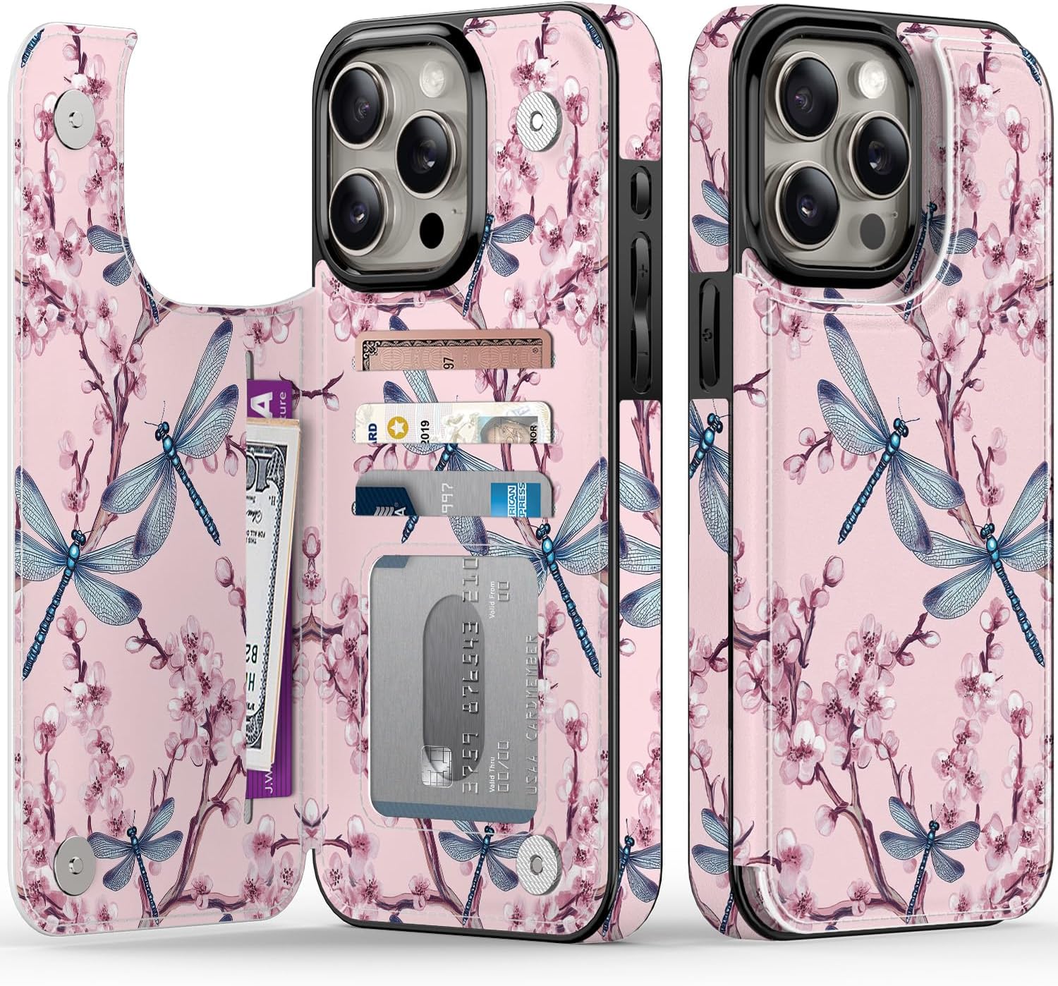 FUNMIKO for iPhone 15 Pro Max Wallet Case with Card Holder + Cash Clip, RFID-Blocking, Military-Grade Drop Protection & UV-Printed Artwork, Magnetic Closure with Leather Kickstand - Blue Dragonflies