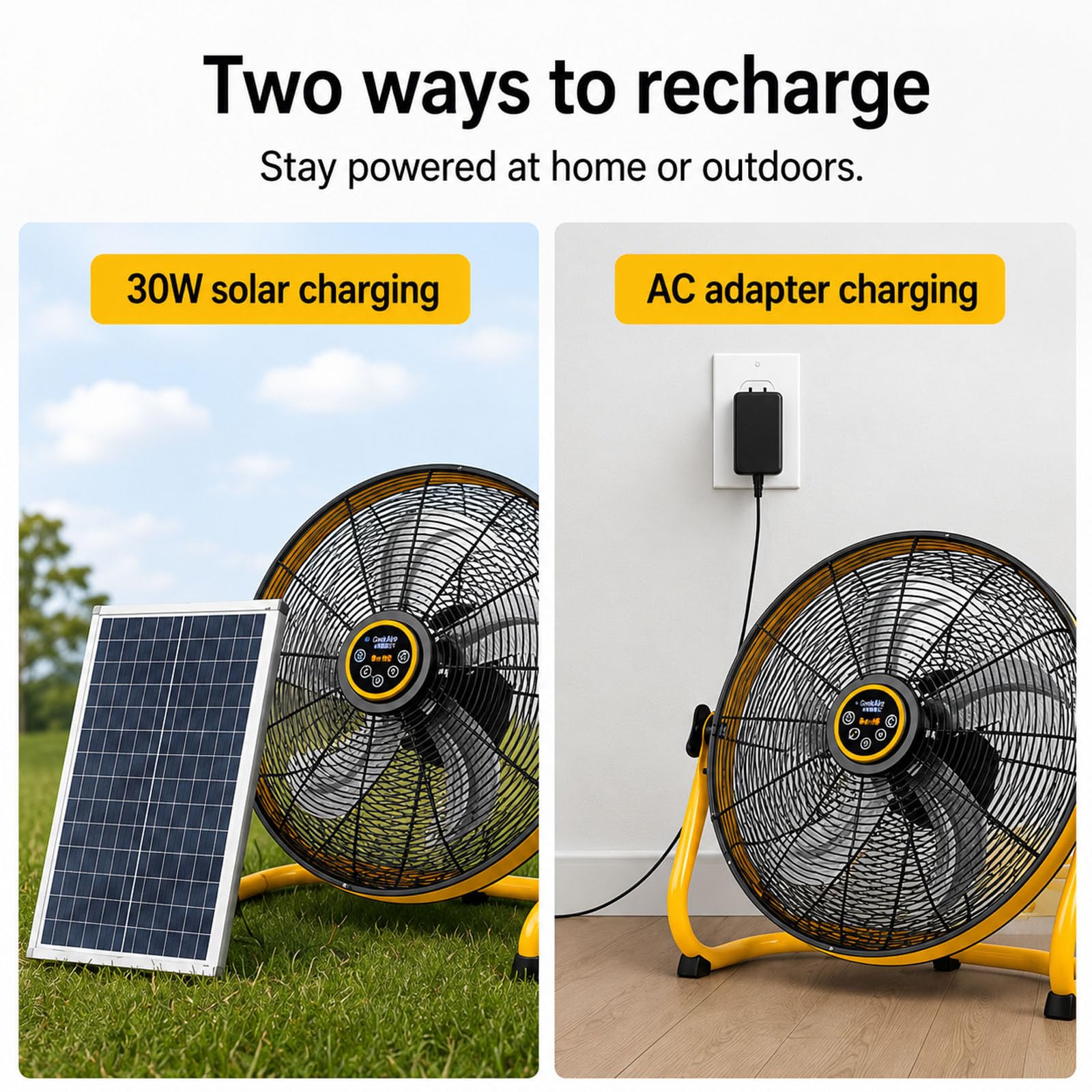Genérico Ventilador recargable 16", solar 30W, mando, 12 velocidades