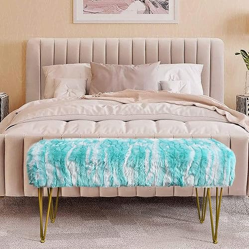 Miniatura 3 de Banco largo rectangular azul otomano suave de piel sintética de 46 x 16 x 22 pulgadas, taburete reposapiés peludo para dormitorio al final de la