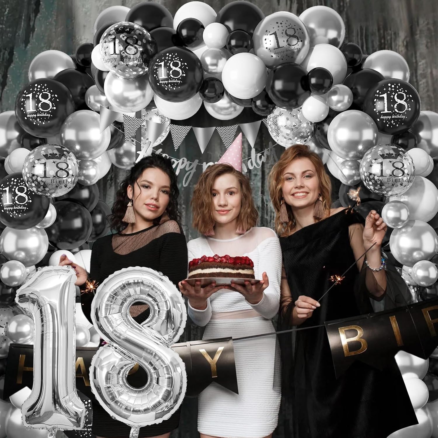 18th Birthday Decorations Black Silver,18th Balloon Garland with Number 18 Foil balloons,Happy Birthday Banner for Boys Girls 18 Birthday Party Decorations - Image 4