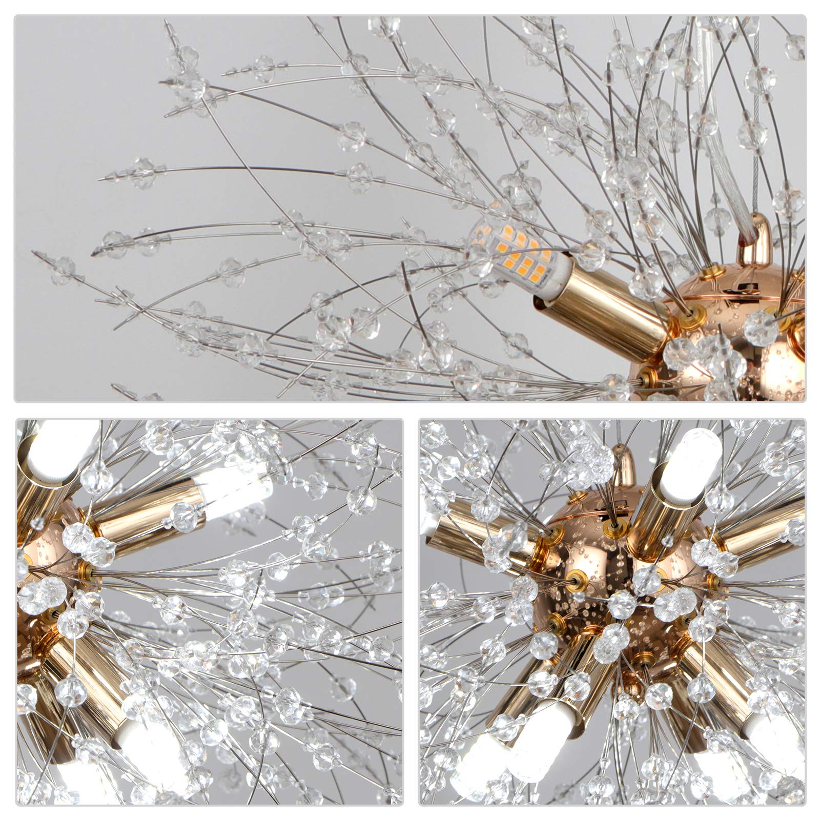 LynPon Lustre Salon Doré Moderne Sputnik Or Suspension Luminaire Feu d'artifice Cristal Plafonnier pour Salle à Manger Chambre (8 lumières, diamètre 15,7'')