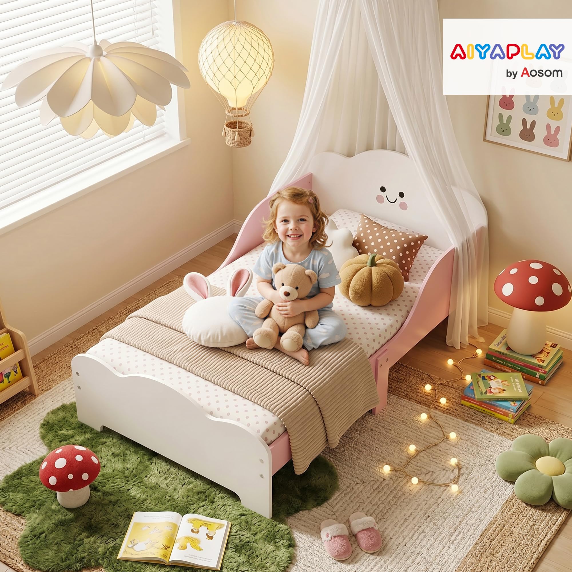 AIYAPLAY Lit Enfant 70 x 140 cm avec Barriere de Securite pour 3-6 Ans Rose | Lit pour Enfant, Sommier à Lattes en Bois, pour Garçons et Filles, Matelas Non Inclus
