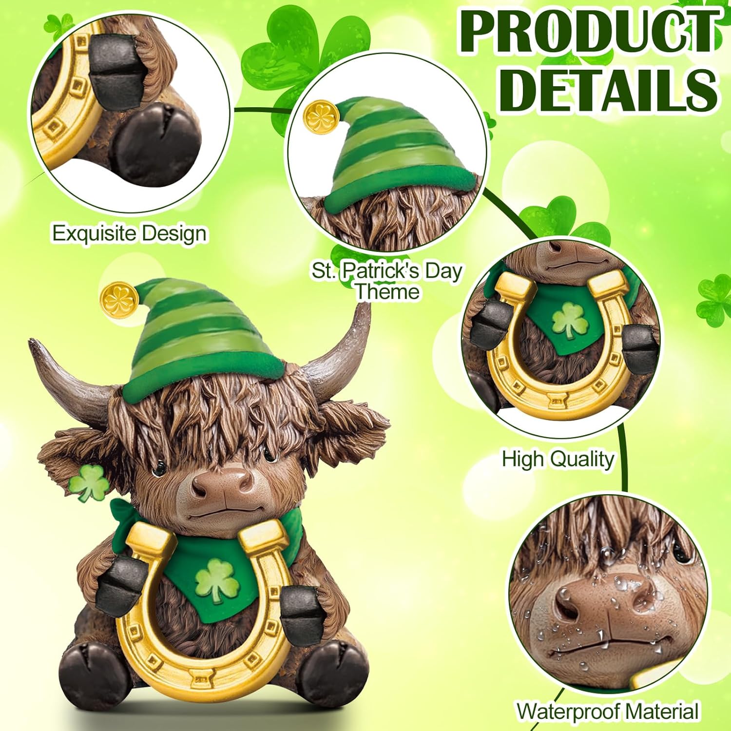 Sosation 4 Pcs St Patricks Day Highland Cow Figurines Luck Irish Highland Cow Gnomes Shamrock Scottish Resin Statue Calf Lovers Gifts for Home Garden Kitchen Office Tiered Tray Table Decor