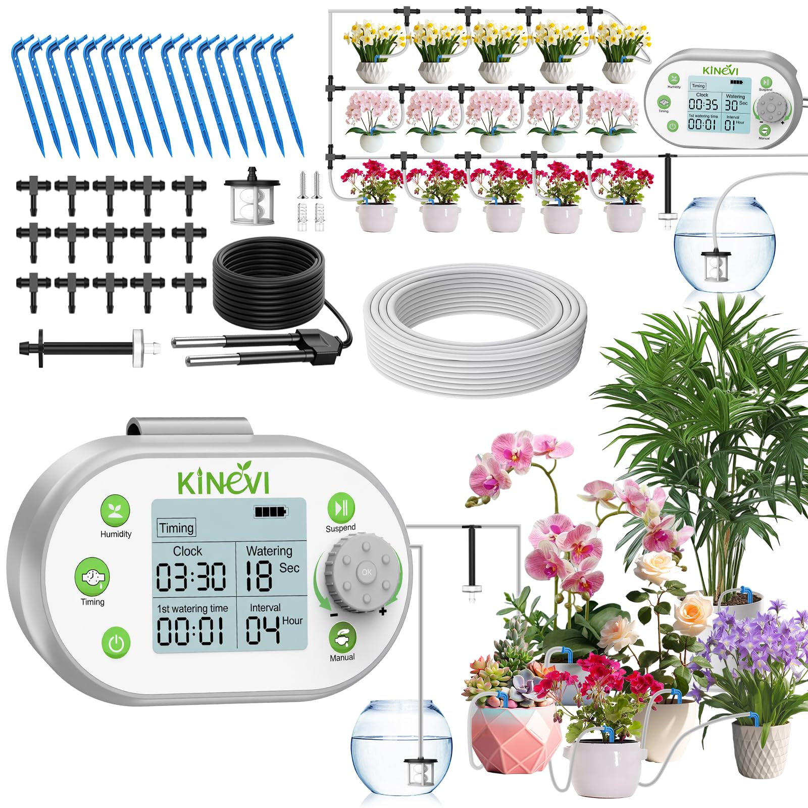 Automatic Plant Waterer for 15 Indoor Plants, Smart Drip Irrigation System with Soil Humidity Sensor, Cycle & Soak Mode, Programmable Timer for Houseplants, Office and Balcony