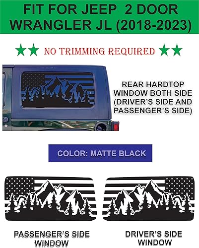 Miniatura 2 de Apto para Jeep Wrangler JL 2018-2023 (2 puertas) precortadas con bandera estadounidense al aire libre, bosque de montaña, calcomanías para ventana a
