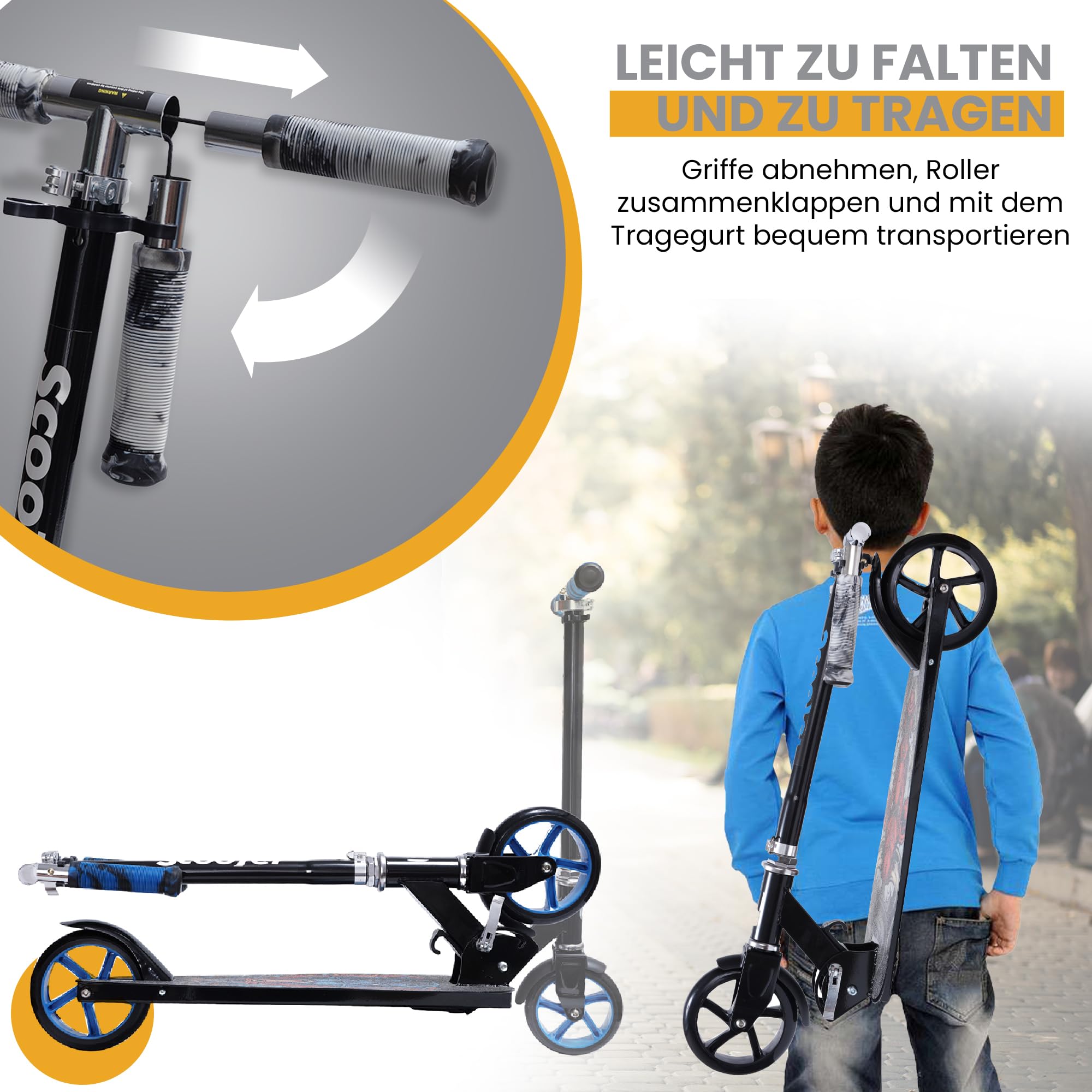 Habib Gruppe Patinete de ciudad, patinete infantil, 8 – 15 años, plegable, tabla ancha, altura ajustable, asas de colores