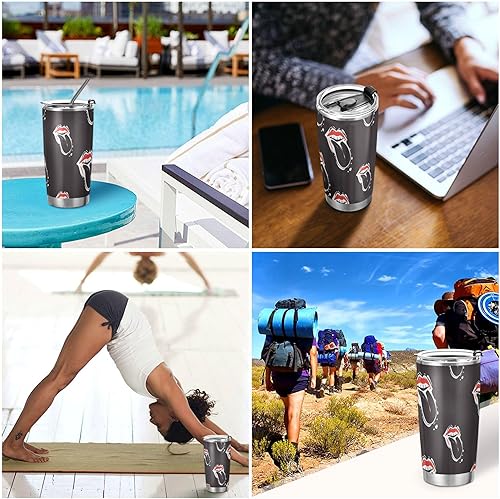 Miniatura 7 de Rock Roll - Vaso de labios rojos con tapa y pajita, 20 onzas, taza de hielo aislada al vacío, de acero inoxidable, botella agitadora de viaje, taza