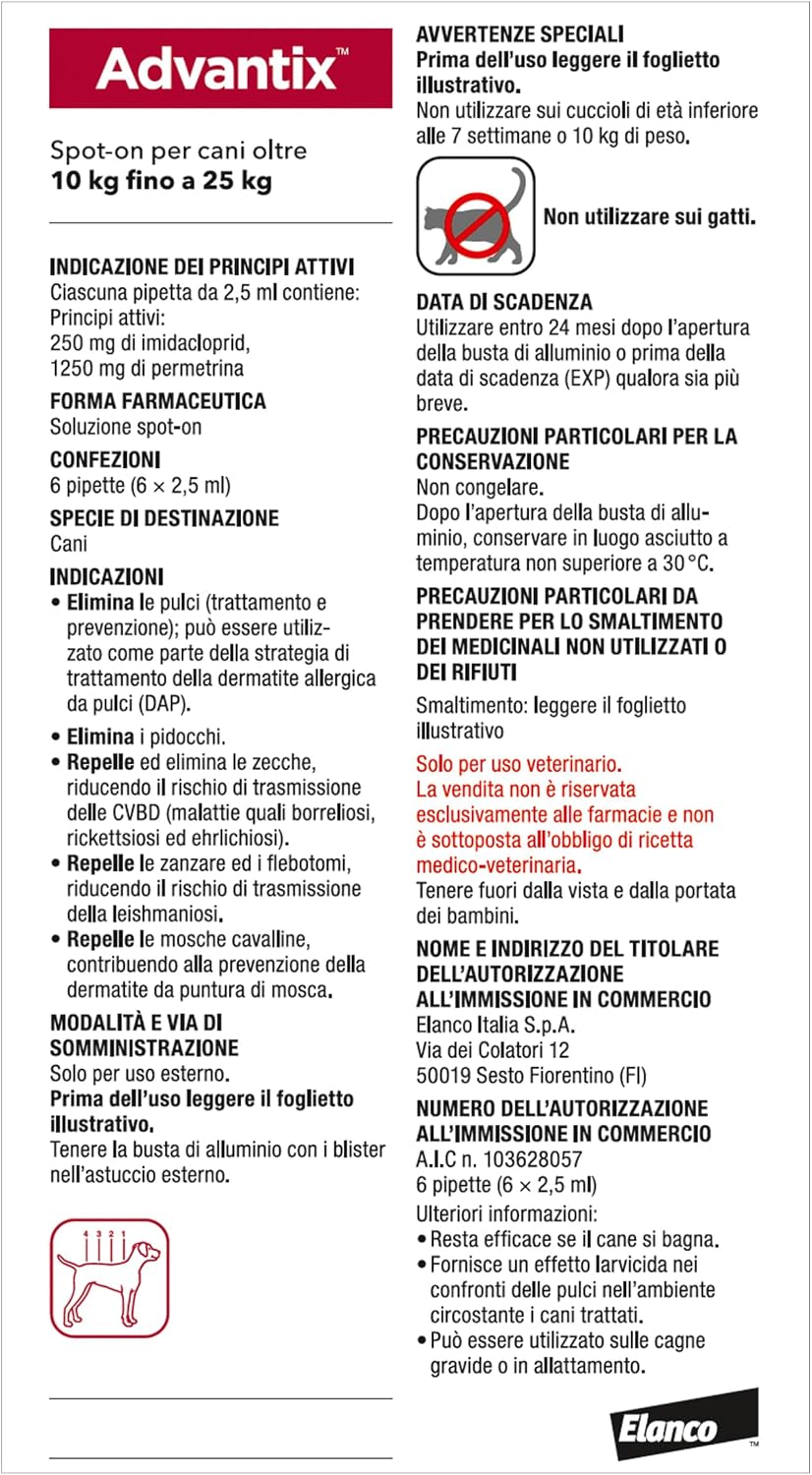 Advantix® Spot-on antiparassitario per Cani da 10 kg a 25 Kg, 6 pipette da 2,5 ml. Elimina zecche, pulci, pidocchi e larve di pulce . Protegge da