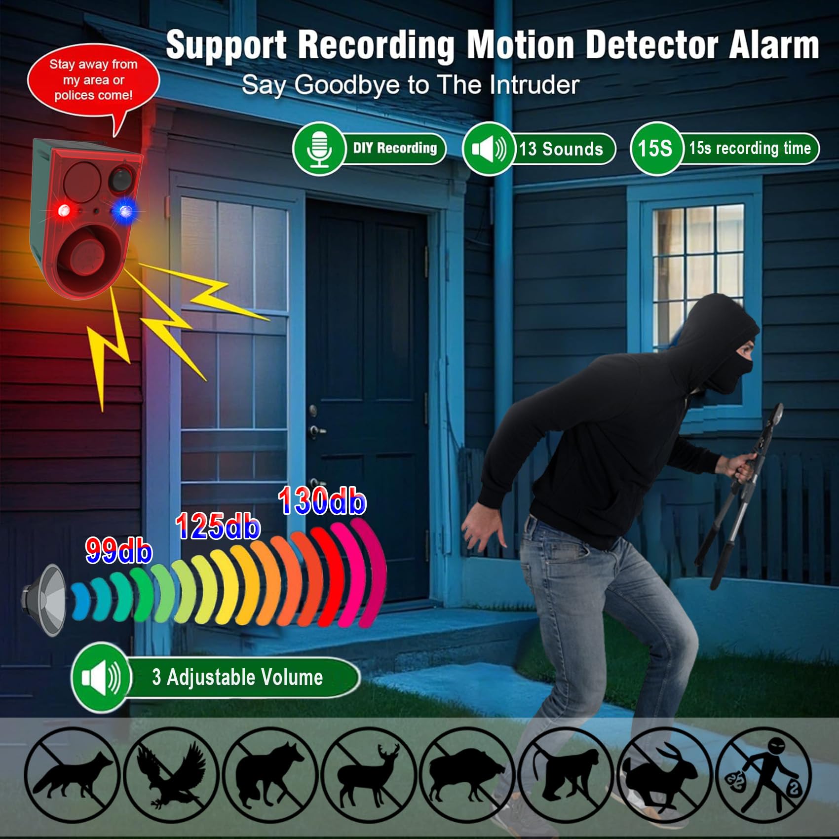 Solar Outdoor Motion Sensor Alarm, 130dB rotes und blaues blinkendes Sicherheitslicht mit Fernbedienung, 13 Sounds und Aufnahmen angepasst, um Eindringlinge abzuhalten (2 Stück)
