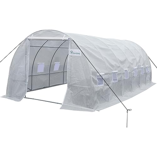 YITAHOME 20'x10'x7' Greenhouses Heavy Duty Greenhouse Large Walk-in Tunnel Green Houses Outdoor Gardening Galvanized Steel Stake Ropes Zipper Door 7 Crossbars Garden, White