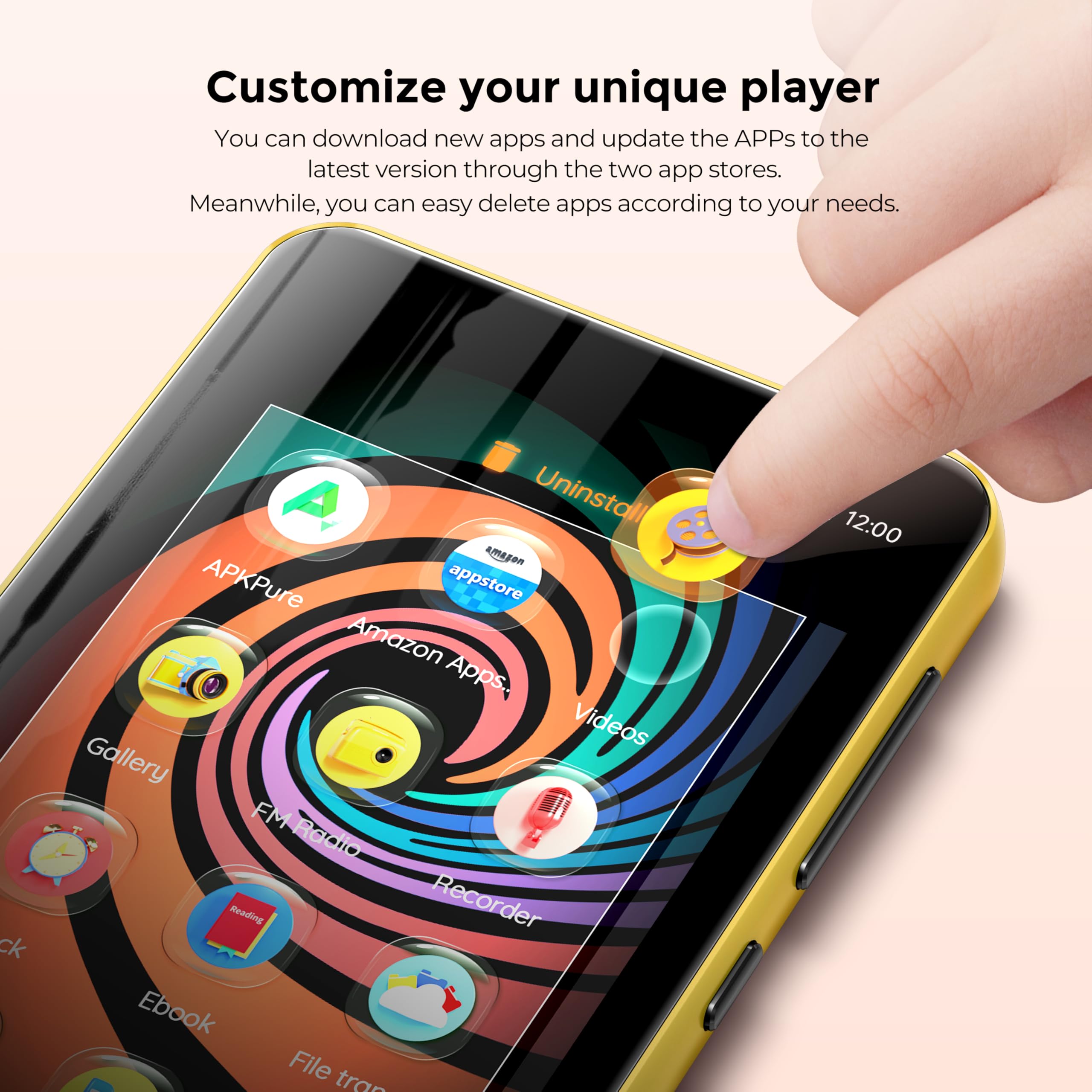 Innioasis Lecteur MP3 160 Go avec Bluetooth et WiFi, Lecteur de Musique Android avec Spotify, Amazon Music, Lecteur MP3 à écran Tactile Complet de 4 Pouces avec Audible, Libby (Or)