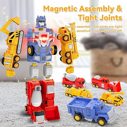 Miniatura 6 de Robot transformador de juguetes para niños y niñas de 3, 4, 5, 6 años, 5 en 1, camiones de construcción 5 en 1, robot transformador, figuras de