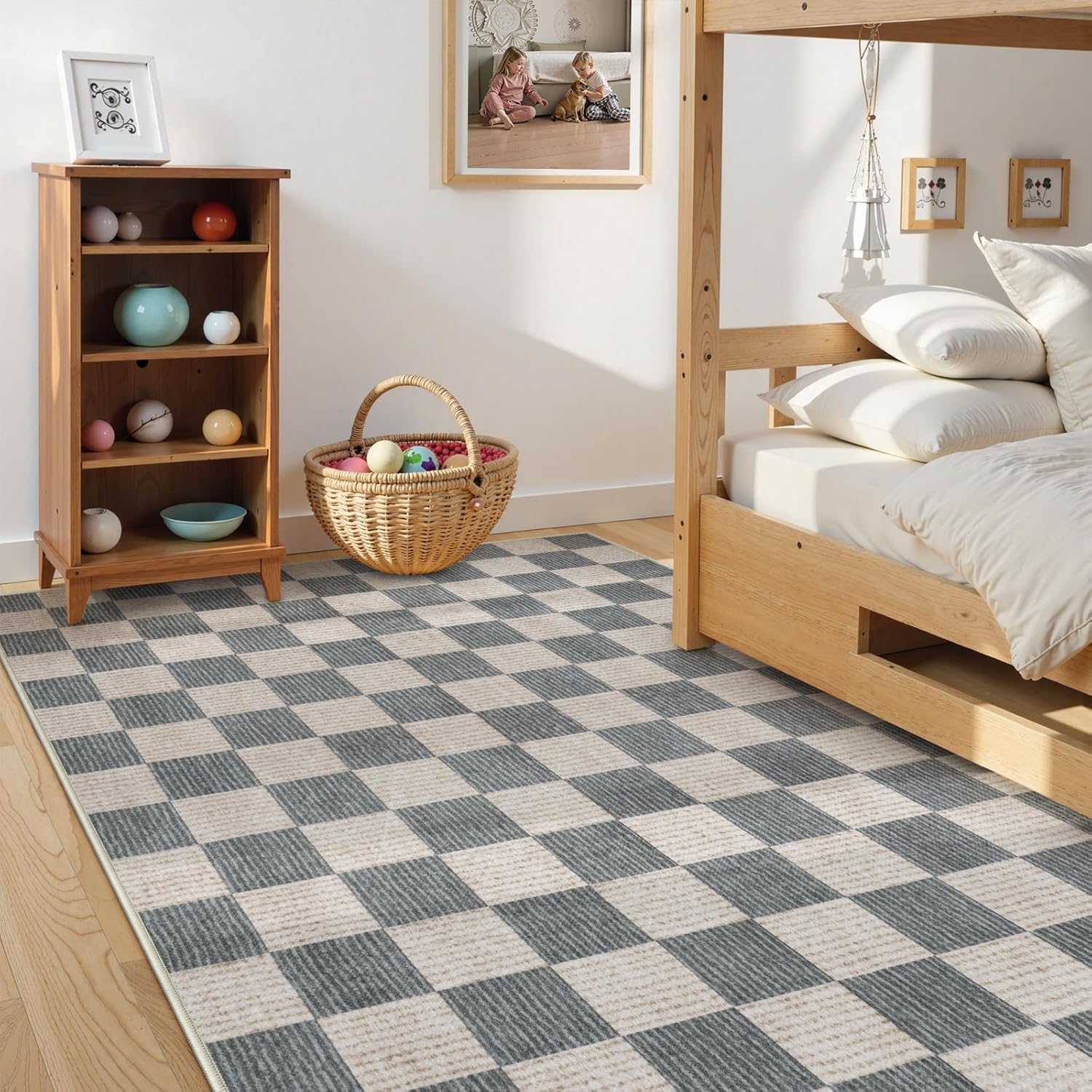 LIVEBOX 8x10 Area Rugs for Living Room, Checkered Non-Slip Washable Rugs, Farmhouse Neutral Classic Geometric Pattern Large Boys Area Rug for bedroom, Carpet for Living Dining Room Office(Grey,8'x10') - Image 5