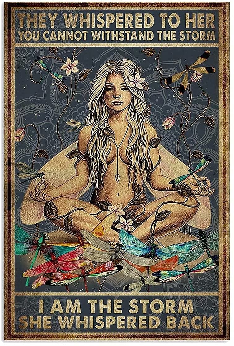 Lawenp Retro Yoga Girl Metal Tin Sign,They Whispered to Her You Cannot Withstand The Storm, Iron Painting for Home Bedroom Bar Cafe Outdoor Wall Decor 8x12 Inch