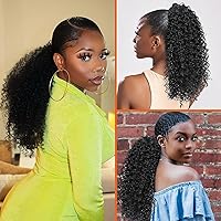 Vista 5 de Aisaide Extensión de cola de caballo rizada con cordón para mujeres negras, extensión de cola de caballo larga rizada sintética, color negro, clip