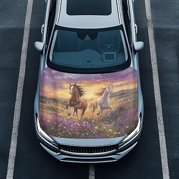 Car Hood Cover Stretch Polyester Fabric Flower Bush Horse Print Car Hood Protector Waterproof Car Decorative Accessories Easy Installation for Car Hood Protection