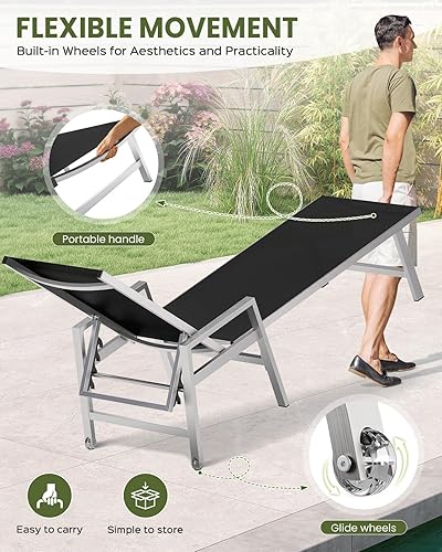 Miniatura 5 de Tumbona para patio al aire libre con ruedas y reposabrazos, sillas reclinables ajustables de aluminio de 5 posiciones, sillas de playa al aire libre