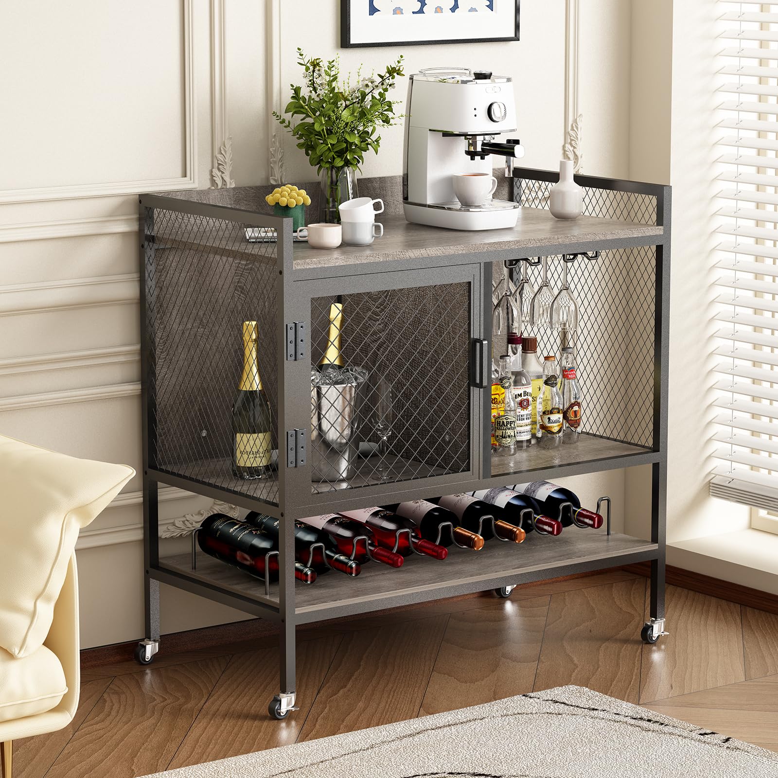 DAWNYIELD Wijnkast dressoir 3-laags bartafel met wielen wijnrek glaswerk houders mesh deur industriële keuken opbergkast dranken opslag vitrine kast voor thuis bar (grijs