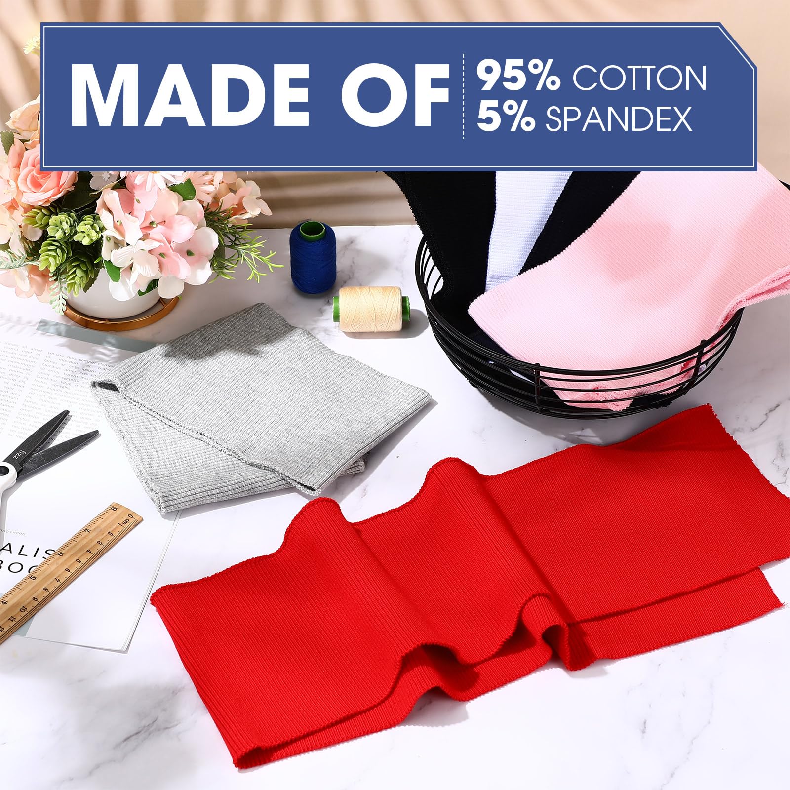 Fanfanwin 6 Pcs Classic Ribbing Fabric for Cuffs, Waistbands & Collars, Cotton, Spandex (95%, 5%), Casual, 6 Colors: Red, Pink, Black, Gray, White, Navy, 38 x 6 Inches - Image 3