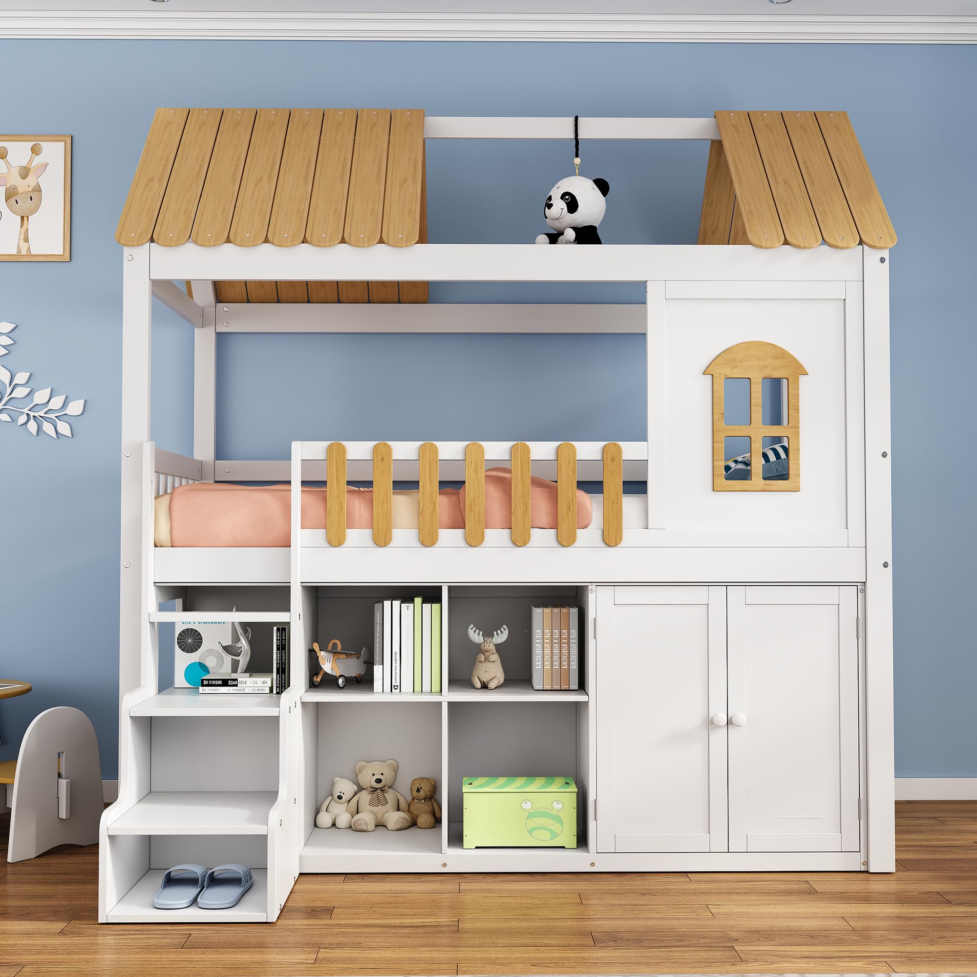 Cama cabaña infantil de 90 x 200, litera infantil 90 x 200 cm con ventana decorativa, armario de almacenamiento infantil con zapatero y armario, marco de pino macizo natural blanco (sin colchón)