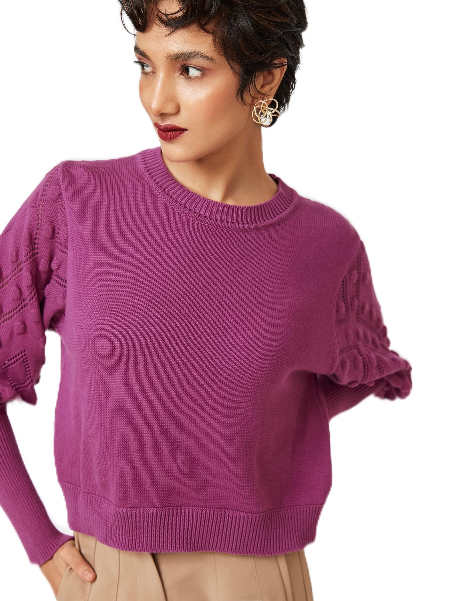 Cotton Berry Balloon Sleeve Sweater for Women | Stylish Elegant Comfortable Relaxed Fit Solid Western Outfit Sweaters-image-25
