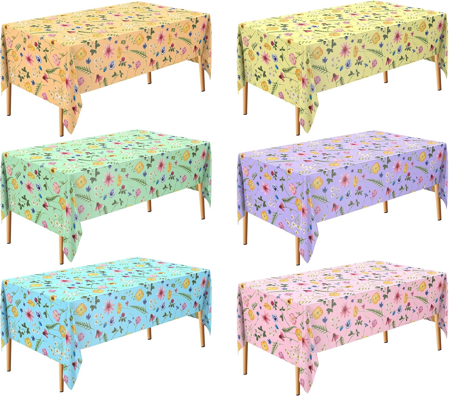 Remagr 6 Pcs Wildflower Tablecloth Disposable, Spring Floral Plastic Table Covers for Garden, Picnic, Baby Shower, Birthday Party, Outdoor Spring Table Decor (Macaron Color)